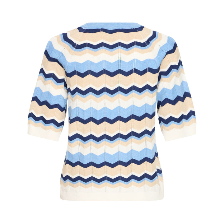 Striped sweater with blue, beige, and white pattern on a white background