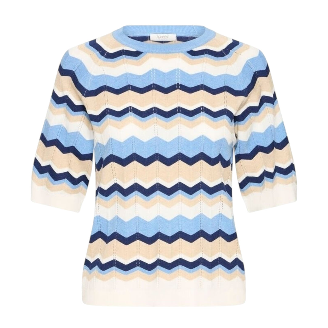 Striped sweater with blue, beige, and white pattern on a white background