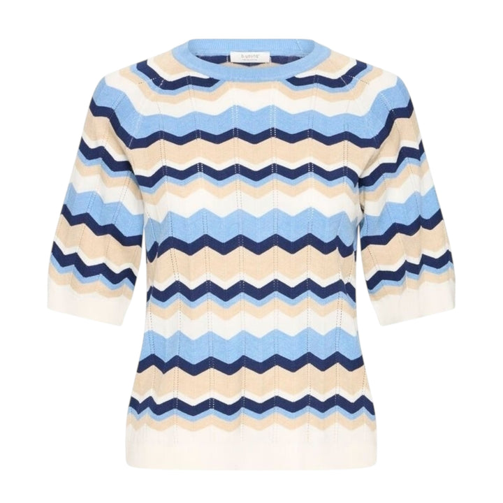 Striped sweater with blue, beige, and white pattern on a white background
