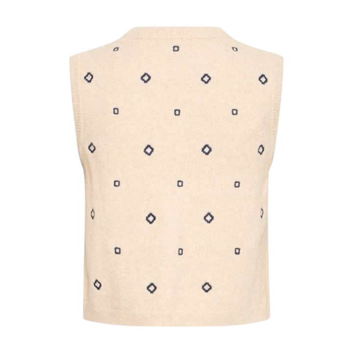 Beige sleeveless top with small black diamond patterns on a white background