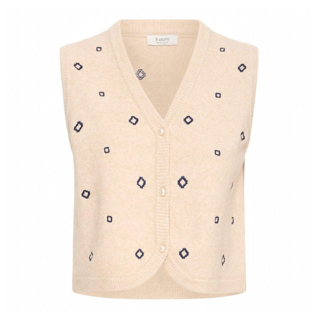 Beige sweater vest with black geometric patterns on a white background