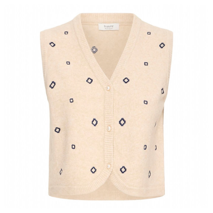 Beige sweater vest with black geometric patterns on a white background