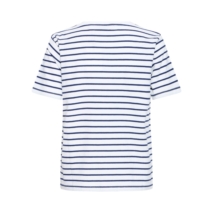 Back view of a blue and white striped t-shirt on a white background