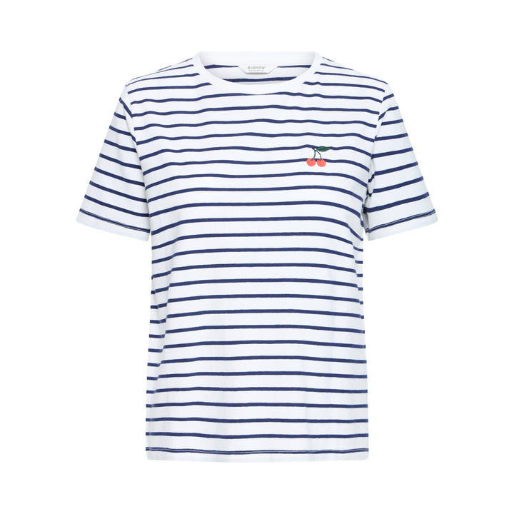 Striped t-shirt with cherry design on a white background