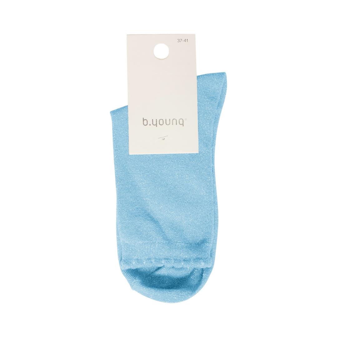 Blue sock with a 'b.young' label on a white background