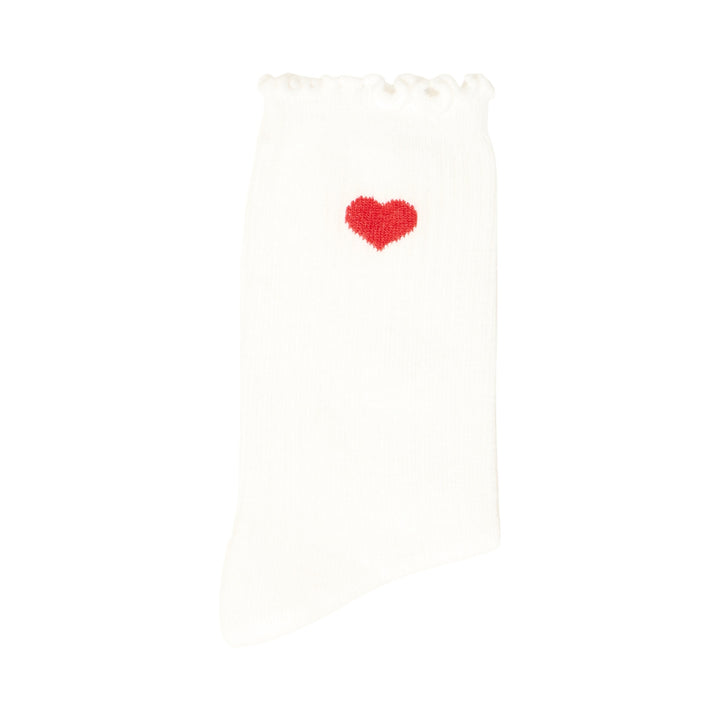 White sock with a red heart pattern on a white background