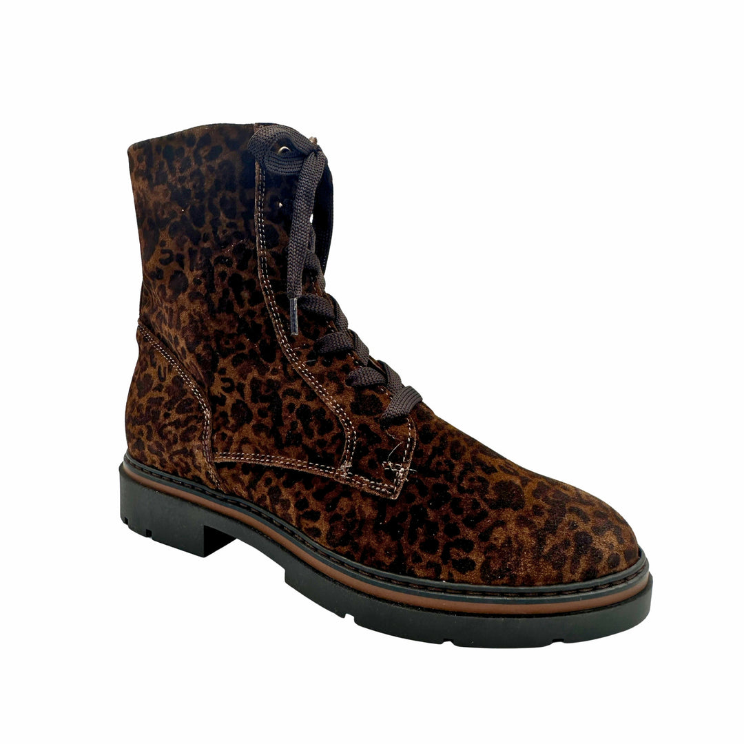 A single lace-up ankle boot with a brown and black leopard print upper, dark brown laces, and a black sole, shown on a plain white background.