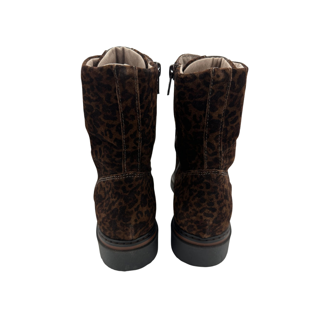 A pair of mid-calf boots with a brown and black leopard print pattern, shown from the back against a plain white background.