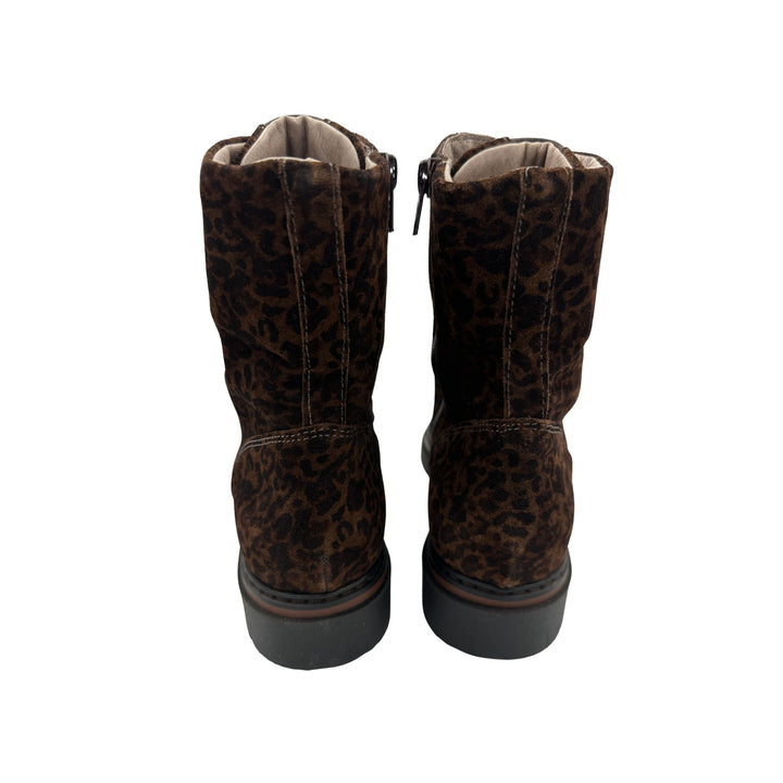 A pair of mid-calf boots with a brown and black leopard print pattern, shown from the back against a plain white background.