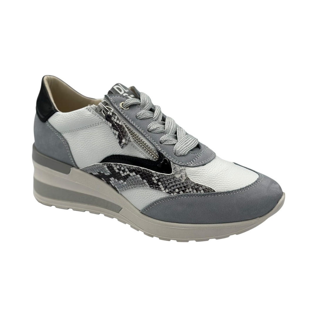 Light blue and white sneaker with patterned accents on a white background