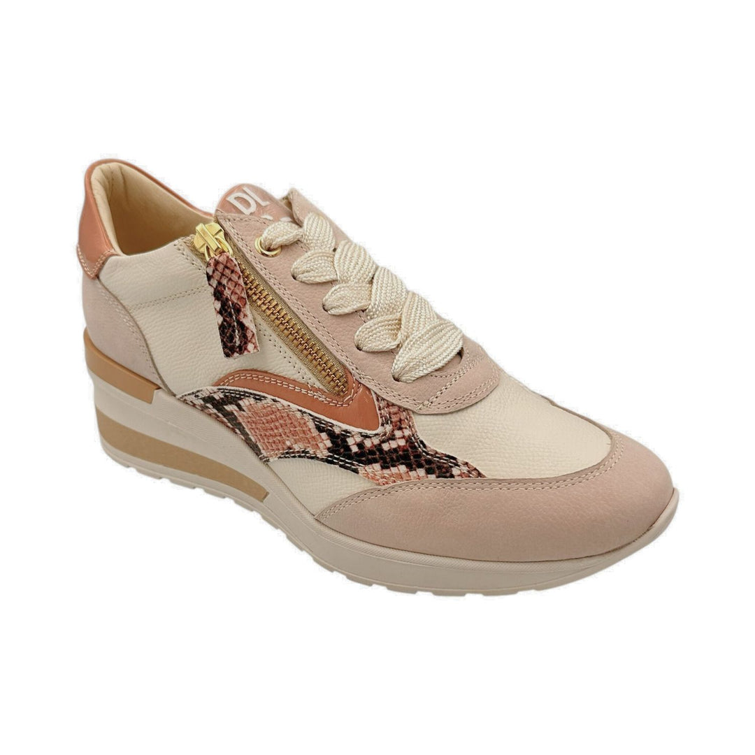 Off White sneaker with pink snake print details on a white background