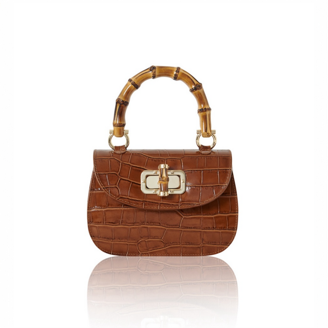 Leather Croc Embossed Mini Bag with Bamboo Handle Dark Tan