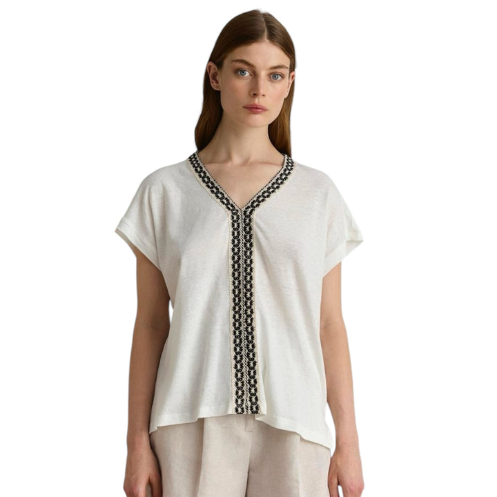 Marina V Short Sleeve Top with Black Embroidery