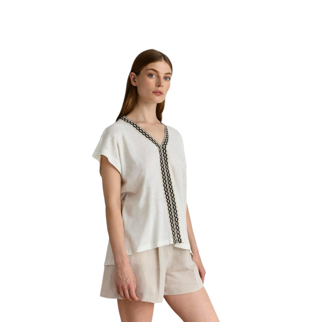 Marina V Short Sleeve Top with Black Embroidery
