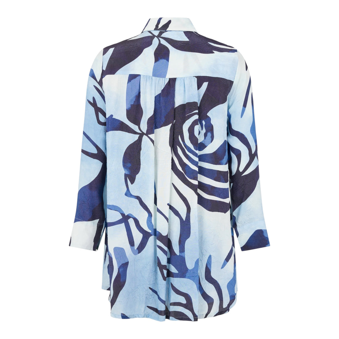 Blue and white patterned shirt on a white background