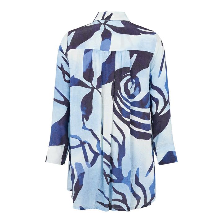 Blue and white patterned shirt on a white background