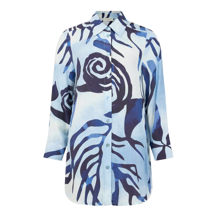 Blue and white patterned shirt on a white background