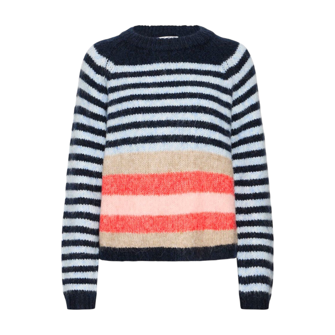 Striped sweater with navy, white, beige, and red colors on a white background