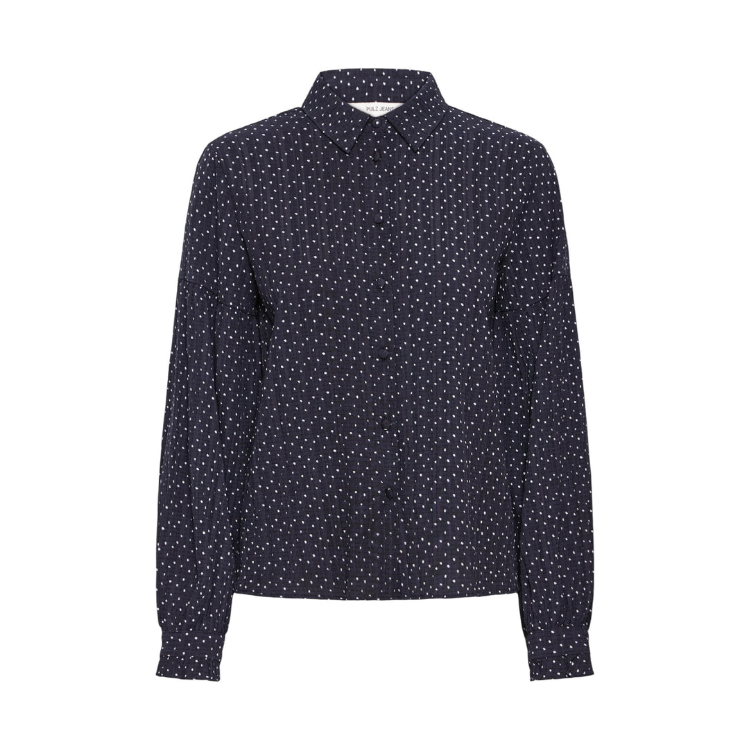 Navy blue shirt with white pattern on a white background