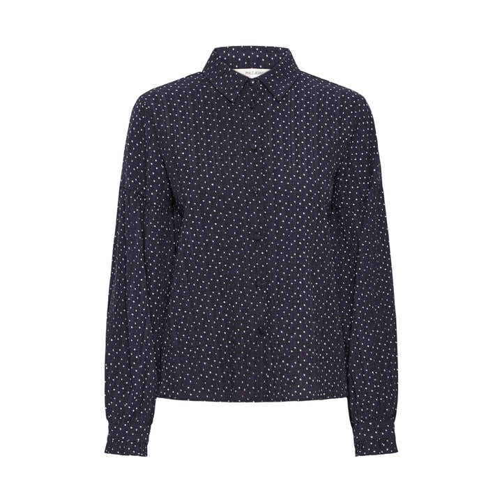 Navy blue shirt with white pattern on a white background