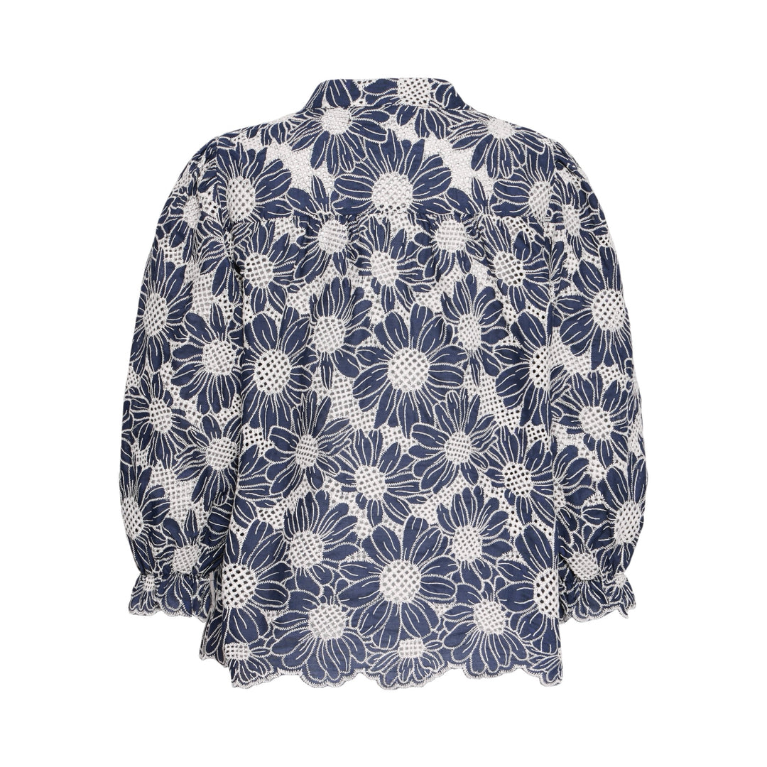 Navy floral blouse back view on a white background