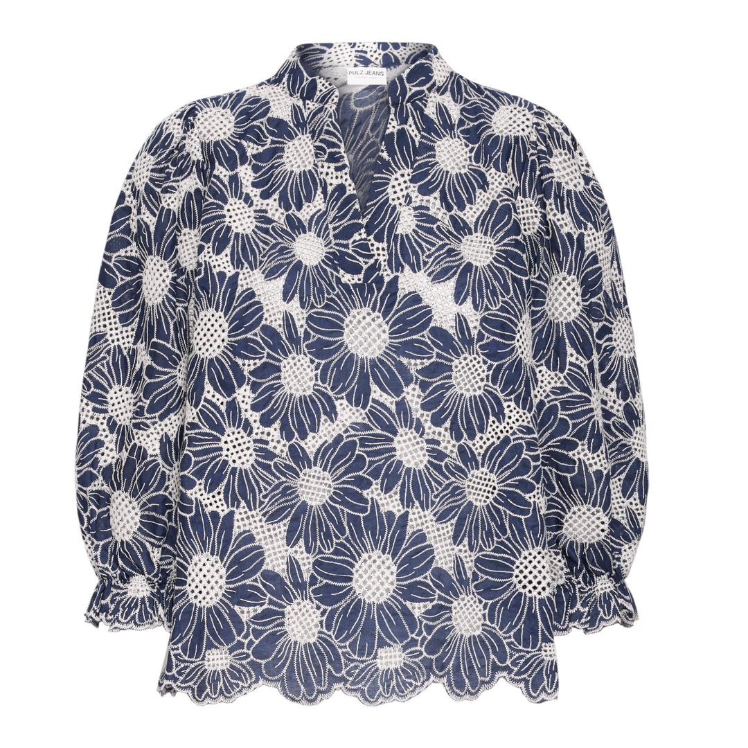 Navy floral blouse on a white background