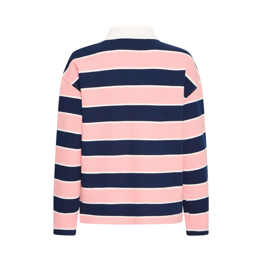 Pink and navy striped sweater back view on a white background