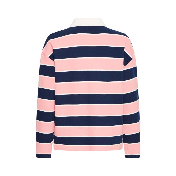 Pink and navy striped sweater back view on a white background
