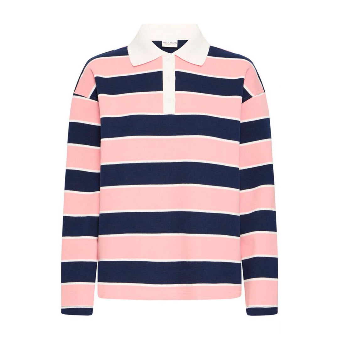 Pink and navy striped rugby shirt with white collar on a white background