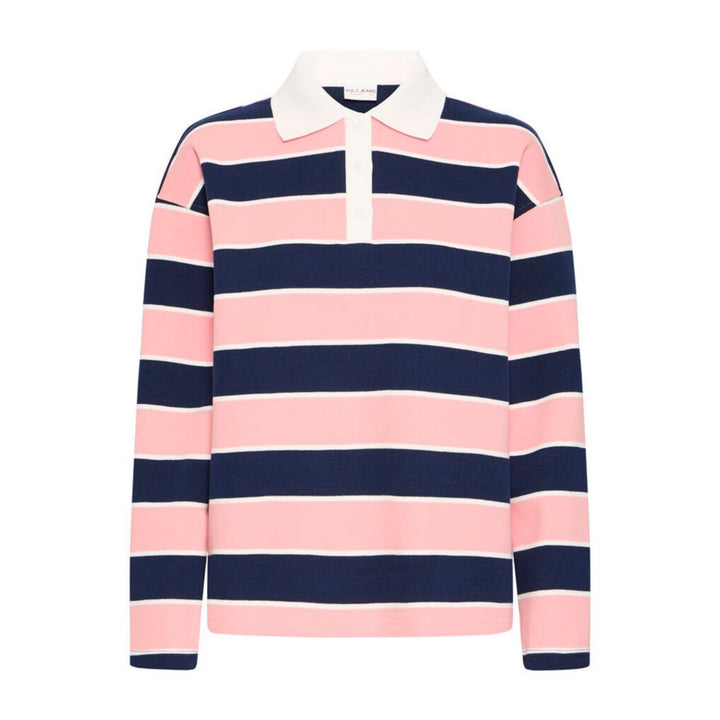 Pink and navy striped rugby shirt with white collar on a white background