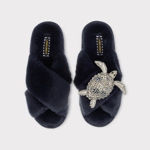 Laines London Classic Navy Slippers with Silver Turtle
