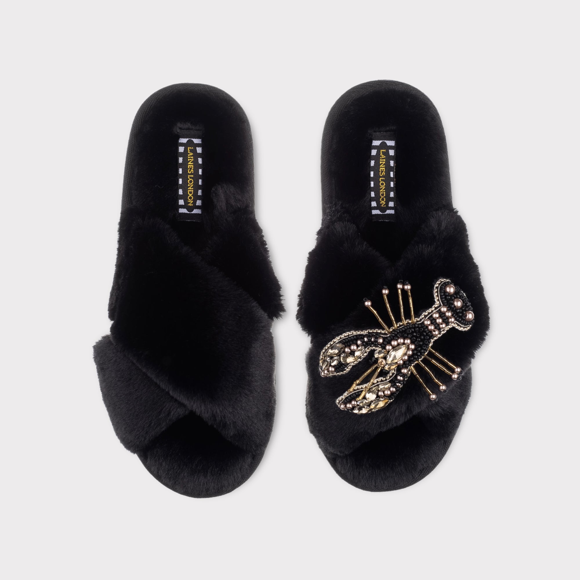 Laines London Classic Black Slippers with Artisan Black & Gold Lobster